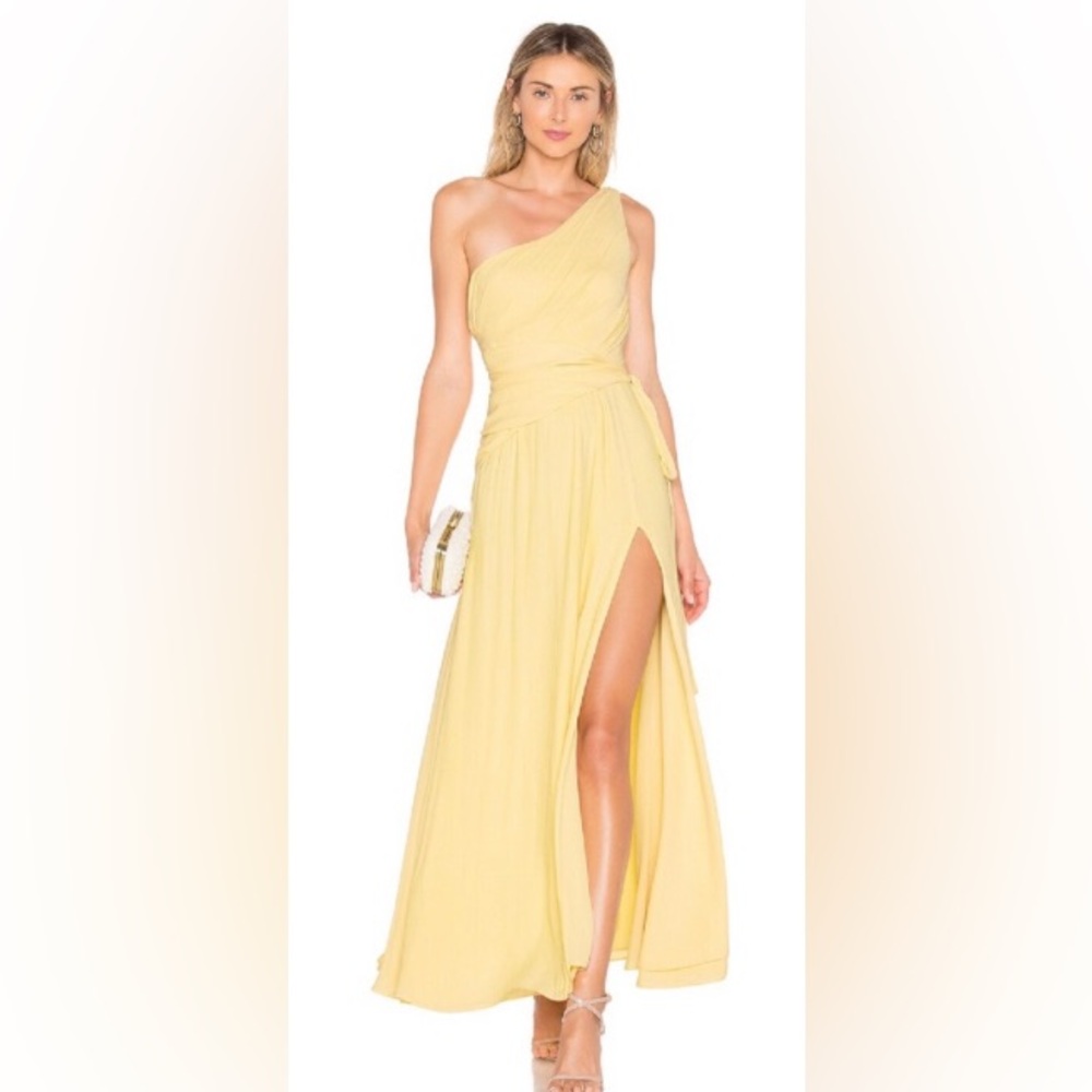 Lovers + Friends Titania Gown Buttercream Yellow With Slit + One shoulder Wrap
